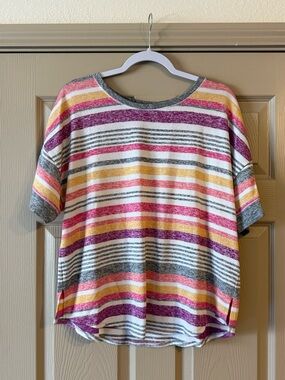 Kensie Striped Short Sleeve Sleep Top in Pink, Yellow & Gray